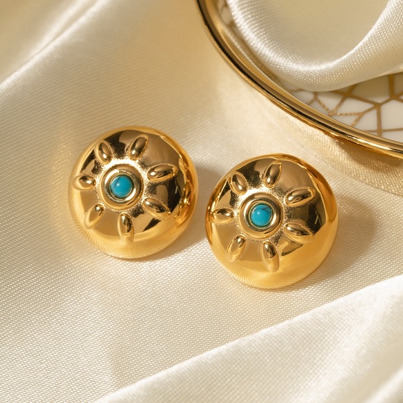 18K Gold Circle Earrings*Round Earrings*Turquoise Earrings - Picture 5 of 8